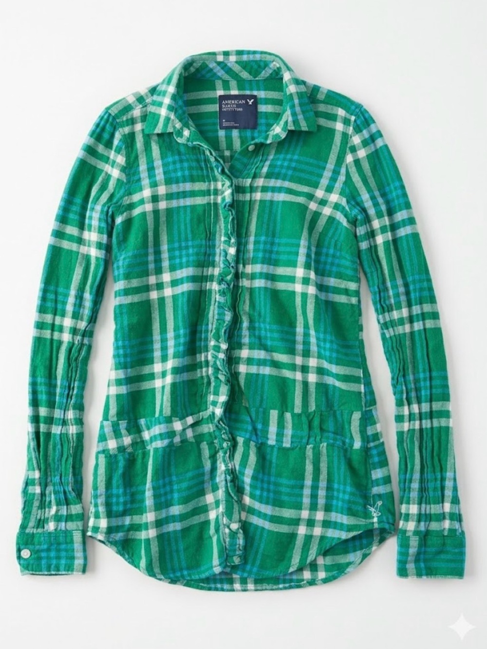 Vintage Y2K American Eagle Outfitter Embroidered Green Plaid Ruffle Button Shirt
